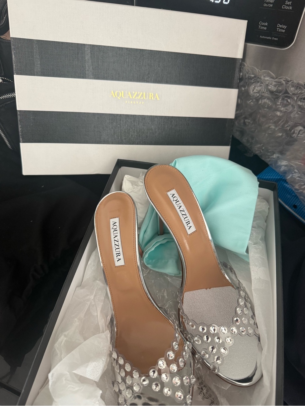 Aquazzura Silver Crystal-Embellished Slide Mules